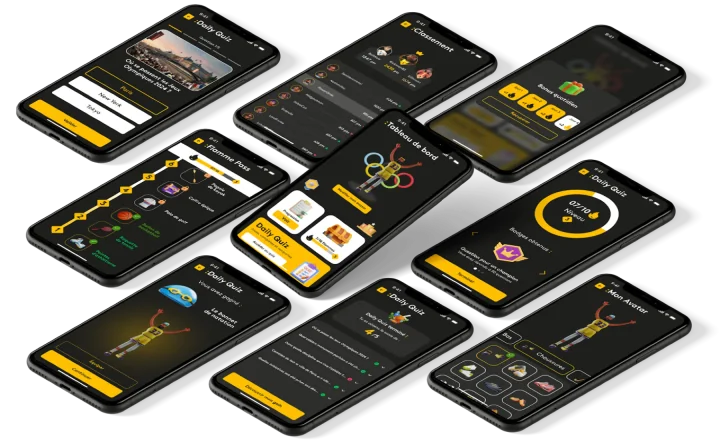 Ensemble d’écrans mobiles de la web app gaming France Info présentés en perspective