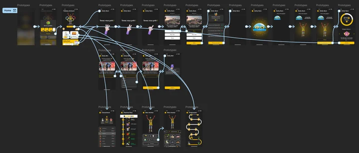 Parcours de navigation de la web app gaming France Info, du splashscreen aux écrans de jeu