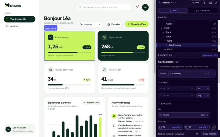 Un prototype de tableau de bord lancé en local, avec le panneau Vernier ouvert sur sa droite